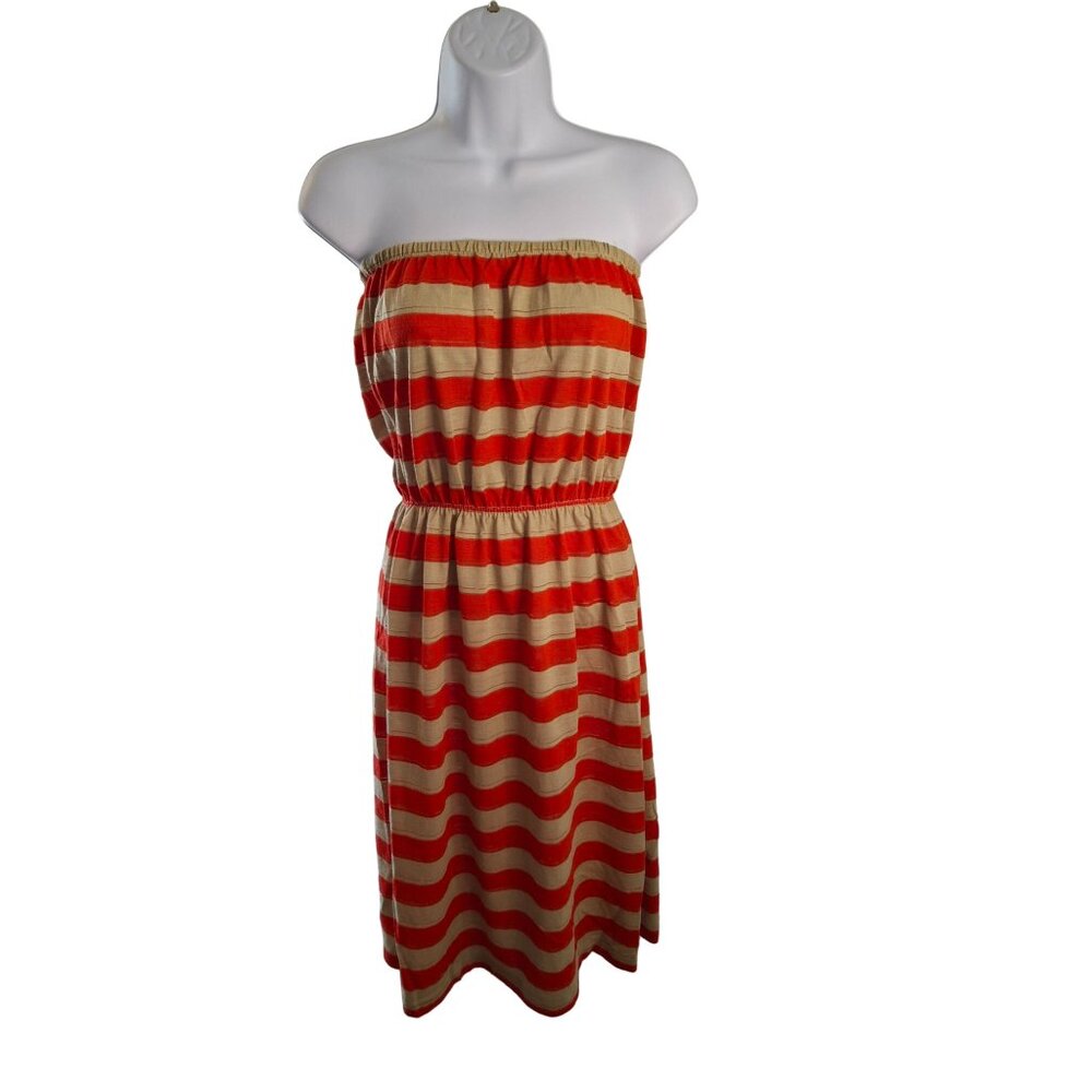 Womens Halter Mini Dress Small Striped Strapless Red Beige Hippie Boho Retro